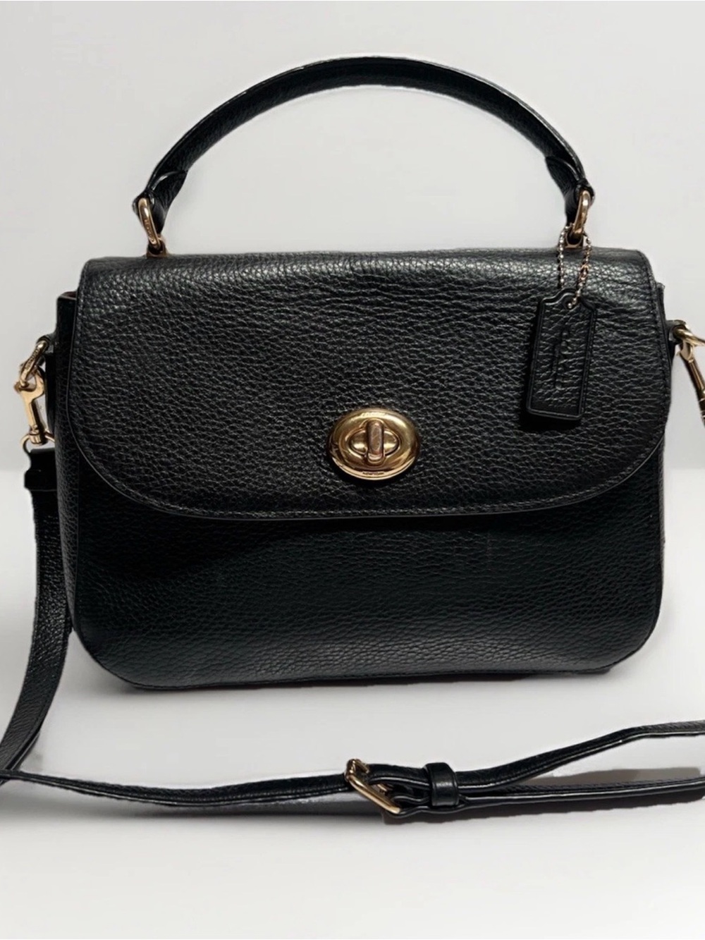 Coach MARLIE Black Pebble Leather Turn Lock Top handle Satchel Crossbody bag
